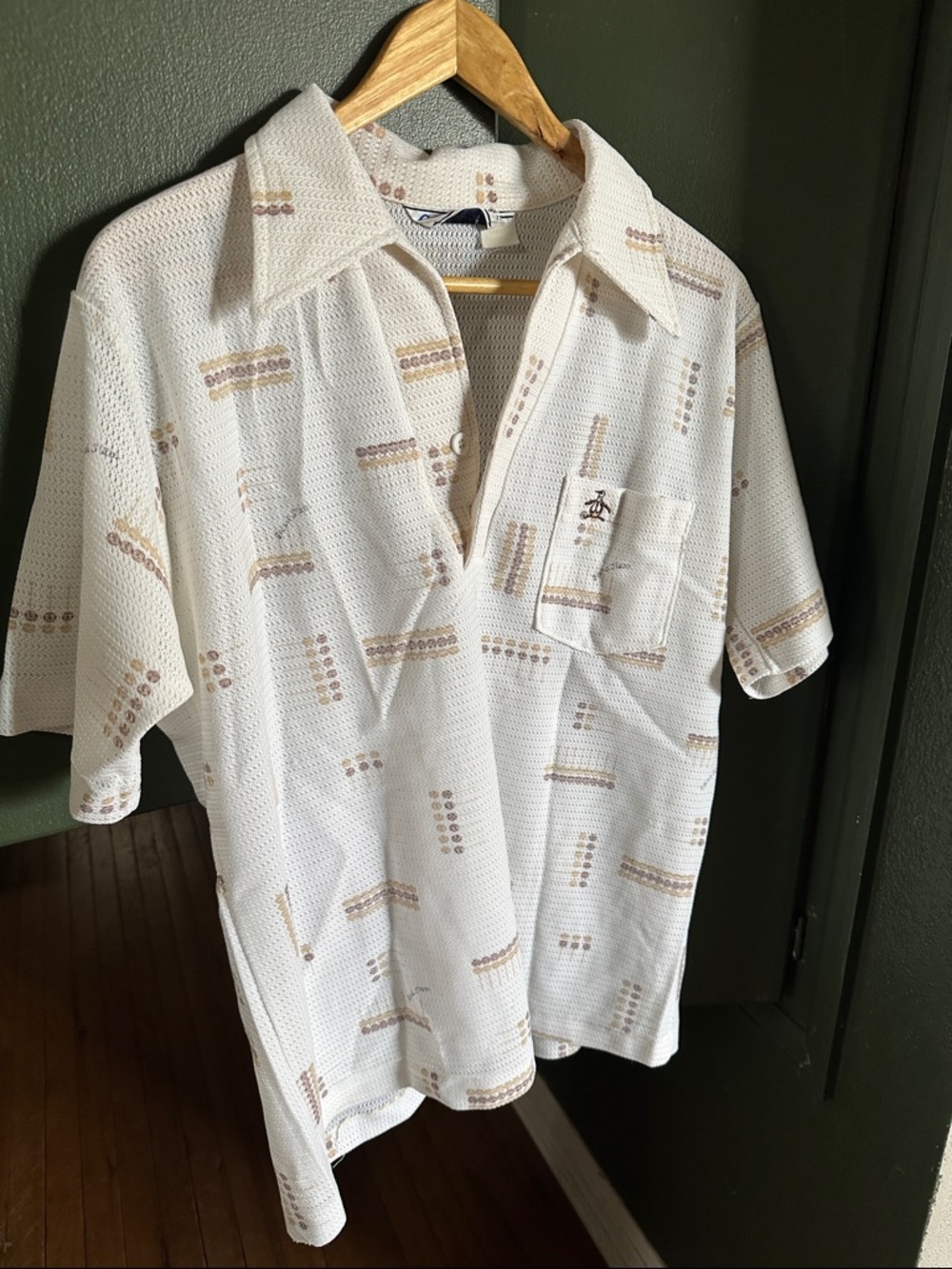 Grand Slam Munsingwear Short Sleeve Knit Polo Shirt - White with Tan Pattern